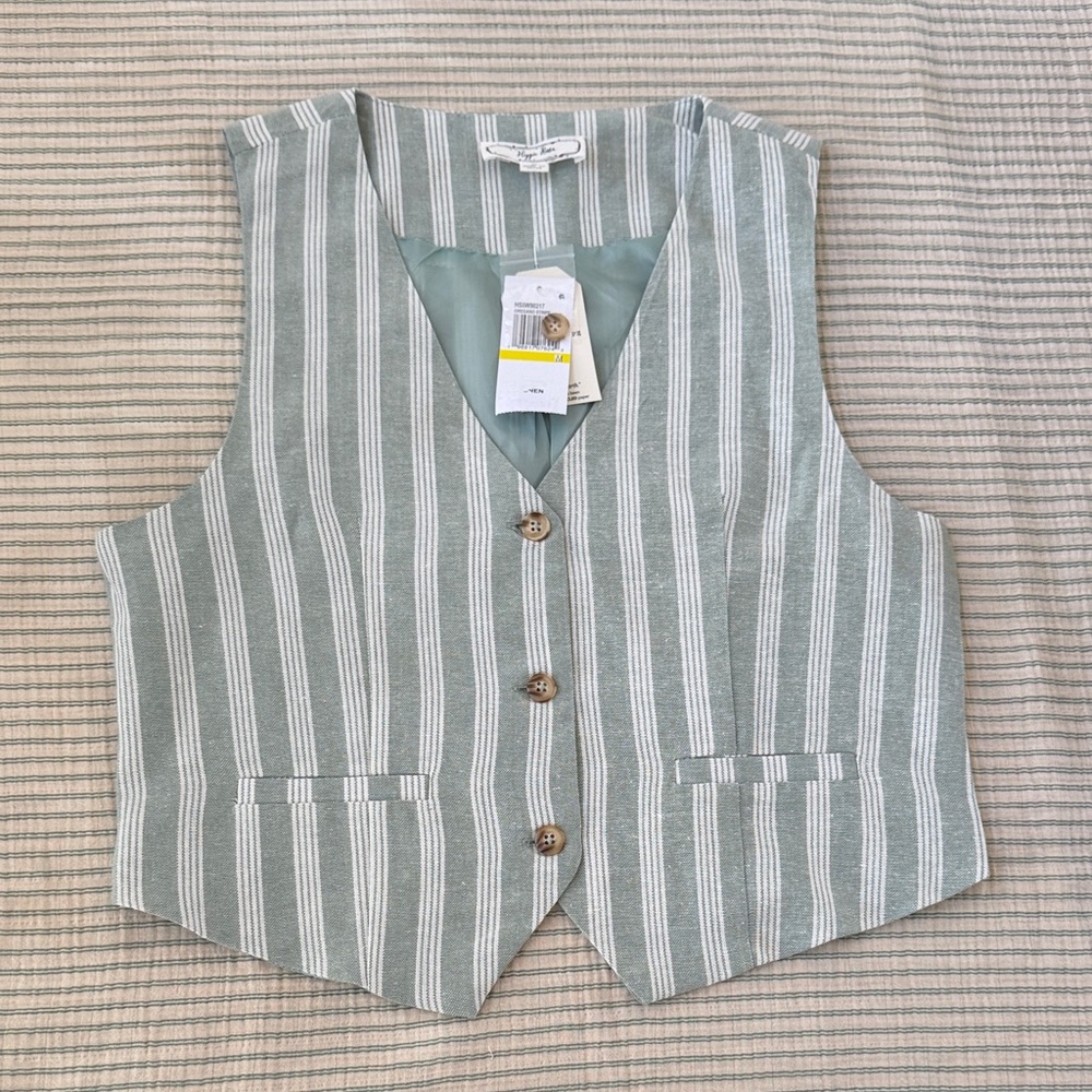 Sage Green and White Striped Linen-Blend Vest